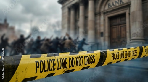 Crime scene tape blocking access to a bank with a chaotic crowd in the background
