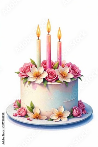 Hand-painted watercolor cake, candles, blooms Isolated, white backdrop , white background, sweet