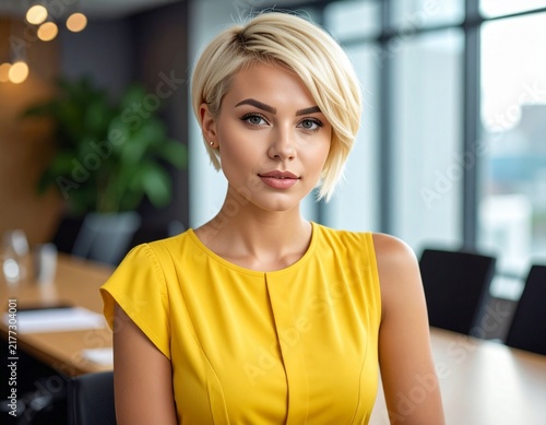 a blonde professional woman with short hair in a yellow summer dress working in the meeting room in a modern office	