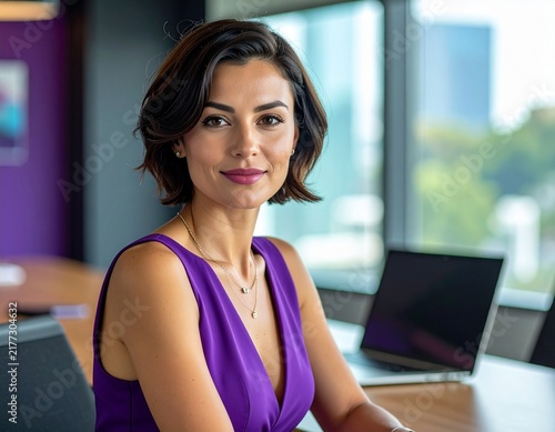 a brunette professional woman with short hair in a purple summer dress working in the meeting room in a modern office	