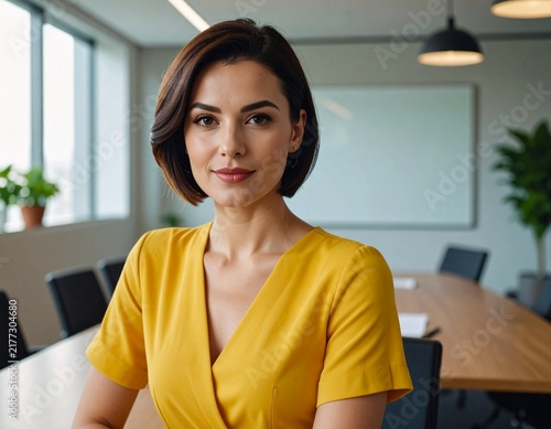a brunette professional woman with short hair in a yellow summer dress working in the meeting room in a modern office	