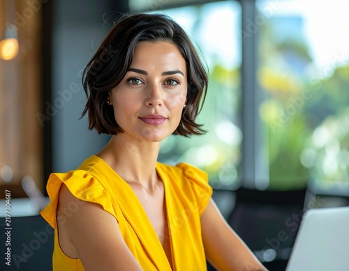a brunette professional woman with short hair in a yellow summer dress working in the meeting room in a modern office	