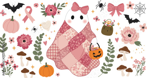 Cute ghost wearing a pink bow and blanket surrounded by floral elements pumpkins bats and spiders for halloween party decoration