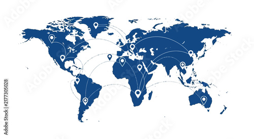 Global Logistics and Communication Network Concept with Blue World Map, Location Pins, and Connection Lines on White Background for International Business.