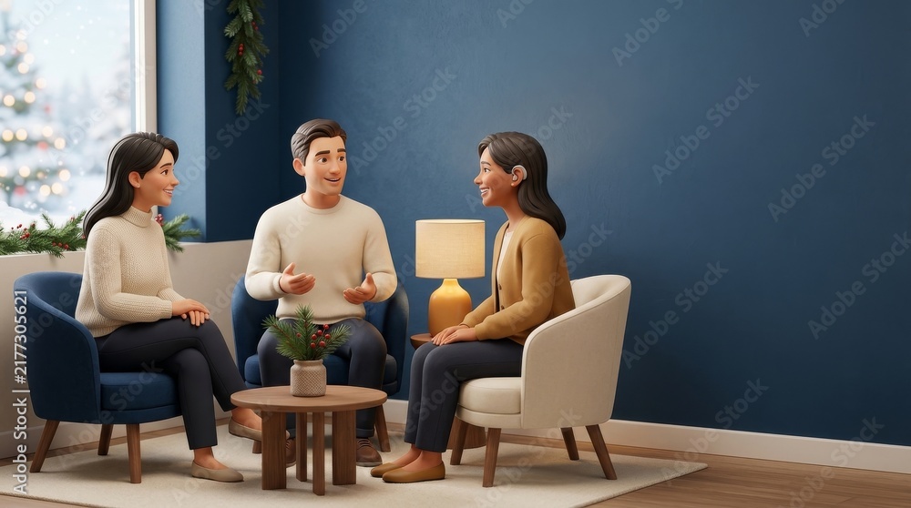 Fototapeta premium Holiday,Gatherings,Celebrations Cozy gathering of friends chatting in a modern living room with festive decor.