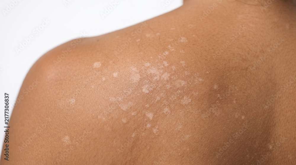 Obraz premium Close up of tinea versicolor, pityriasis alba, or vitiligo depigmentation patches on dark brown skin of a patient's back