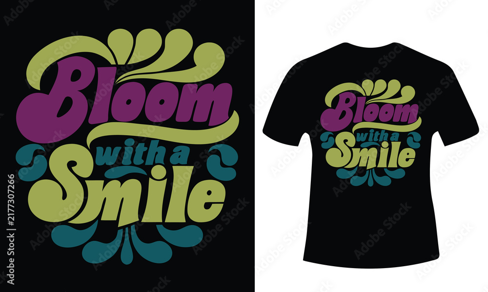 Naklejka premium Purple and green bloom with a smile bubble lettering for retro style clothing print.