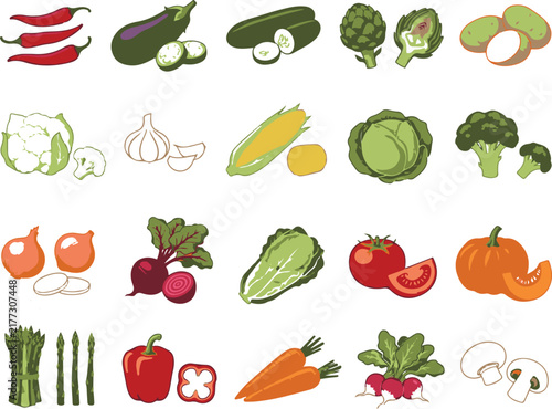 Colorful collection of various raw vegetables arranged in a neat grid pattern design