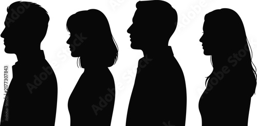 Fotografie Black silhouettes of two men and two women standing in a row, side profile view,