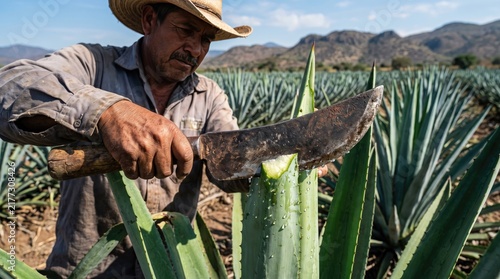 Mexican farmer harvesting agave plant for tequila production using a machete