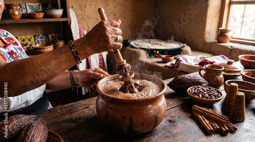 Traditional preparation of mexican chocolate drink using a wooden molinillo