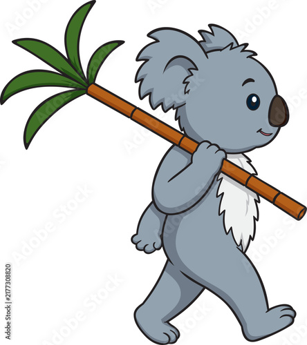 Photography A cute cartoon koala character walking and carrying a bamboo stalk on its shoulder; a funny Australian animal shown in profile; vector illustration isolated on a white background