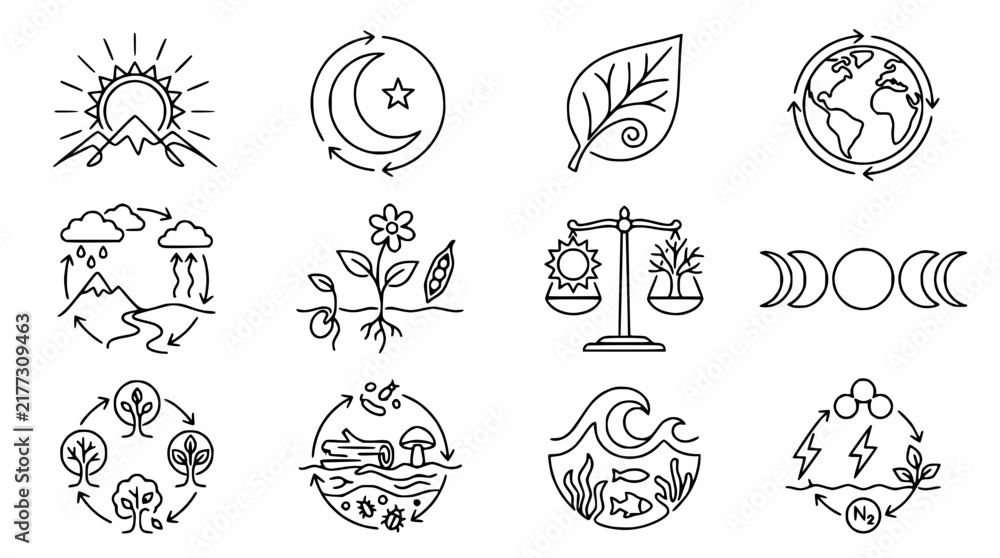 Fototapeta premium Nature Icons Set: Ecology, Cycles, Renewable Energy & Environment Symbols