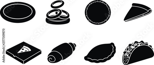 Collection of black food silhouettes including pizza, pie, croissant, taco, and snack icons for menu design