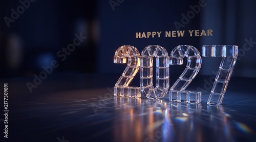 Crystal numerals forming the year 2027 are displayed with a new year message in a dark reflective setting