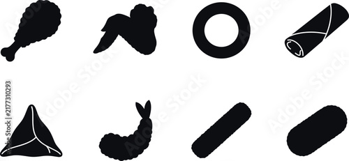 Collection of black fried snack food silhouettes including chicken, shrimp, samosa, spring roll, and croquette icons