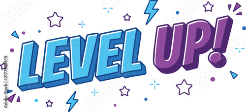 Level up vector graphic with 3d text style, lightning bolts, and stars isolated on white background
