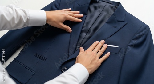 Man in White Shirt Adjusting Navy Blue Suit Jacket with Pocket Square, Professional Fashion Detail