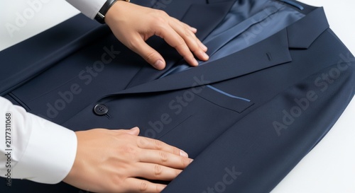 Man in White Shirt and Watch Adjusting a Dark Blue Suit Jacket, Close-up Detail on Fabric Texture