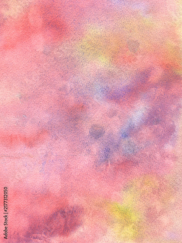 Abstract watercolor background with warm coral, soft pink, yellow, and purple tones. Hand-drawn artistic wet wash texture, ideal for spring branding, wedding stationery, packaging, and fine art.