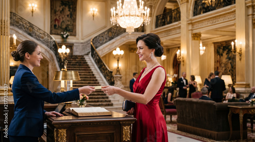 A poised woman in a beautiful ruby-red evening gown gracefully accepts her room key at the front desk of a grand historic hotel lobby, featuring a sweeping staircase and elegant, warm lighting.