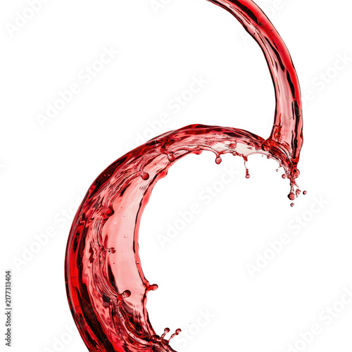 Dynamic curving stream of red wine liquid splashing in midair isolated on a transparent background pouring