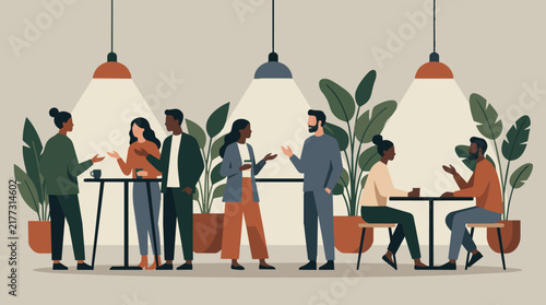 A flat vector illustration of people gathering and socializing in a modern cafe setting with indoor plants and hanging lamps