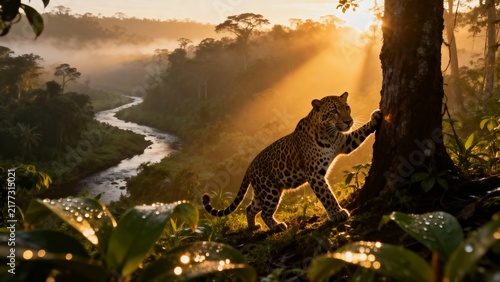 Leopard walking near a tree in a misty jungle at sunrise with a river winding through the forest