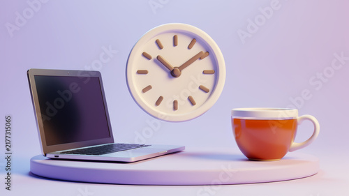 Laptop beside round wall clock and warm cup on lavender desk representing time management focused remote work planned breaks daily routines and balanced digital productivity