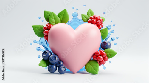 Pink heart surrounded by berries green leaves and small flowers on white background representing natural cardiovascular care antioxidant nutrition affection wellness and botanical vitality