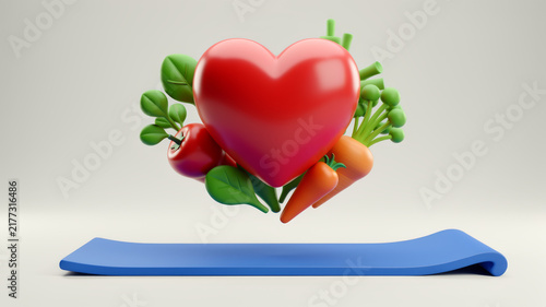 Red heart resting on rolled blue exercise mat with green leaves on soft background representing heart health fitness recovery mindful movement active care and wellness balance