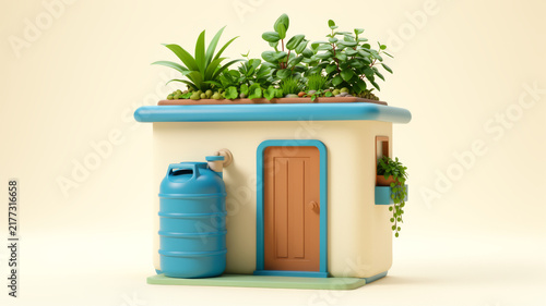 Tiny modern cabin with planted rooftop and blue rainwater tank on cream background representing compact sustainable living water conservation green design and resource efficiency