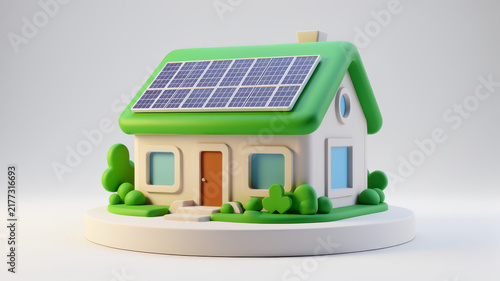 Compact eco house with solar panels and lush greenery on white platform representing renewable energy sustainable architecture efficient living and future friendly housing