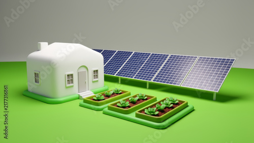 Modern white home beside large solar panel array and garden beds on green base representing renewable power sustainable food growing efficient land use and resilient living