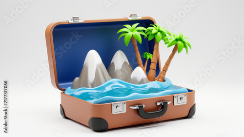 Open brown suitcase containing miniature tropical coast mountains and palm trees on blue background representing imaginative travel adventure planning portable destinations and vacation dreams