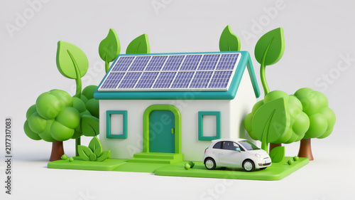 Modern green home with rooftop solar panels surrounded by trees on white background representing renewable electricity sustainable housing efficient architecture and low carbon living
