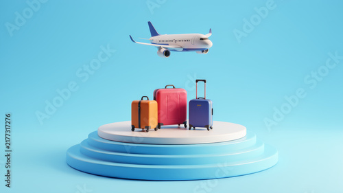 Miniature airplane flying above colorful suitcases on circular blue platform beneath soft sky representing air travel departures luggage journeys tourism mobility and global adventure