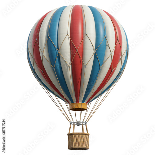 Large hot air balloon with red, white, and blue vertical stripes and a woven wicker basket for passenger travel isolated on a transparent background