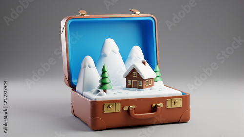 Open brown suitcase containing snowy mountain peaks and winter landscape on gray background representing alpine holidays adventure travel cold destinations and imaginative exploration