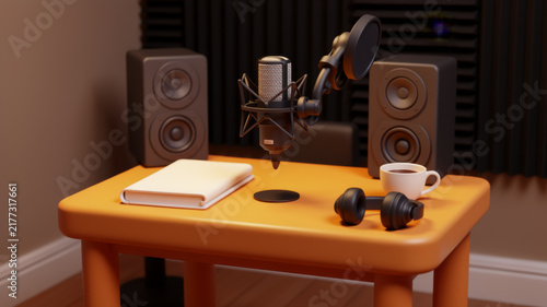 Podcast microphone and laptop arranged on warm wooden desk in cozy dark studio presenting focused audio recording editing independent broadcasting and creative media production