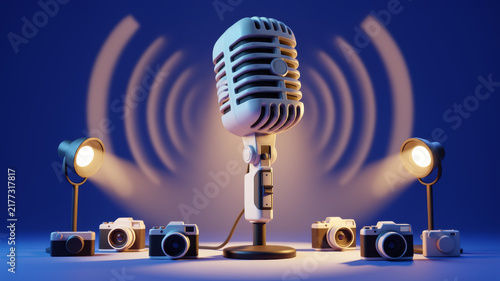 Large microphone radiating concentric sound waves above smaller studio microphones on dark blue background representing broadcasting networks podcast reach audio transmission and shared voice media