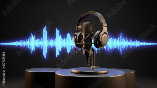 Professional headphones surrounding studio microphone before vivid blue waveform on black background representing immersive sound monitoring podcast recording audio editing and voice production