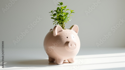 White piggy bank with green plant growing from its back on soft neutral table symbolizing sustainable savings patient investment and financial wellbeing goals