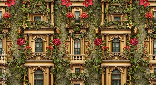 Seamless pattern with ornate classical facade architecture, lush green vines, and blooming red roses
