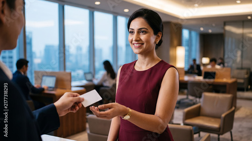 A cheerful businesswoman in a sleek burgundy top receives her room key card at a modern corporate hotel reception desk. The bright daytime lobby features large windows overlooking a city skyline.