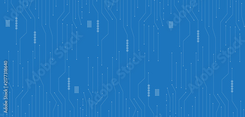 Circuit pattern displays a repeating network of lines and nodes on a blue background connections electronic technology digital abstract geometric cyan vector graphic design scheme