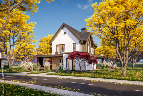 3d rendering of contemporary architectural luxury house exterior. Modern Scandinavian style family home with a white plaster walls, beautiful garden. Clear sunny autumn day with golden leaves anywhere