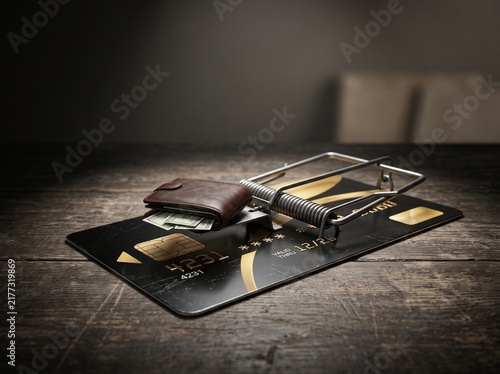 Credit card mouse trap with wallet representing financial risk.