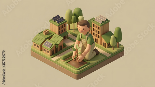 Isometric 3D model of green city and sustainable garden.