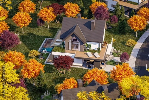 3d rendering of contemporary architectural luxury house exterior. Modern Scandinavian style family home with a white plaster walls, beautiful garden. Clear sunny autumn day with golden leaves anywhere